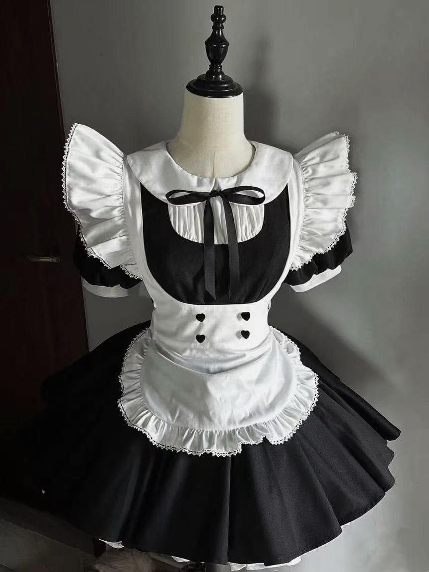メイド服 丸襟リボン付きハート刺繍前掛けメイド服