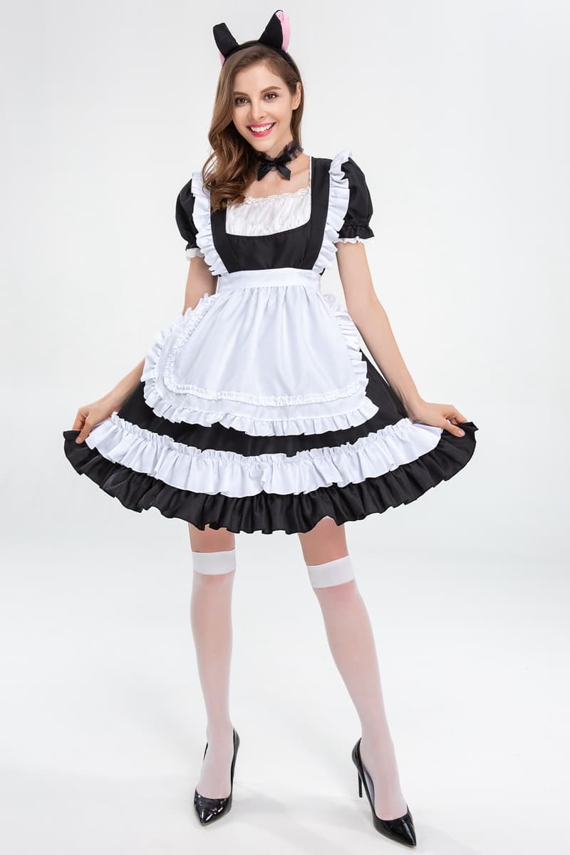 黒白猫耳メイド服 フリル付きコスプレ衣装