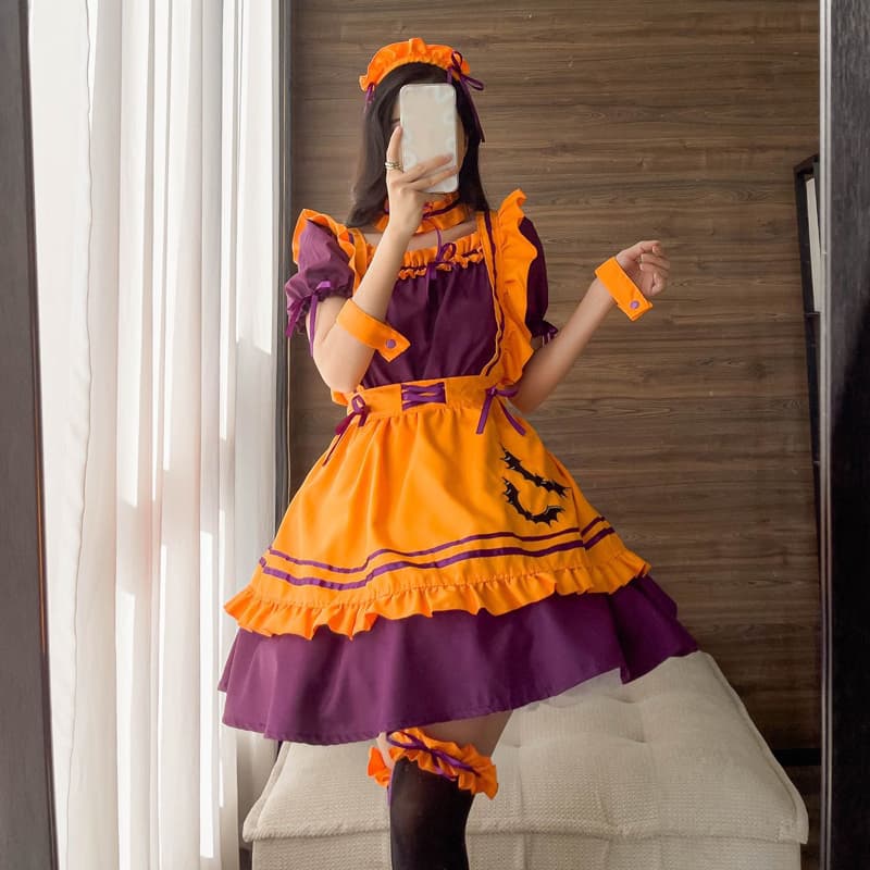ハロウィン 紫×橙 コウモリ柄メイド服 仮装衣装