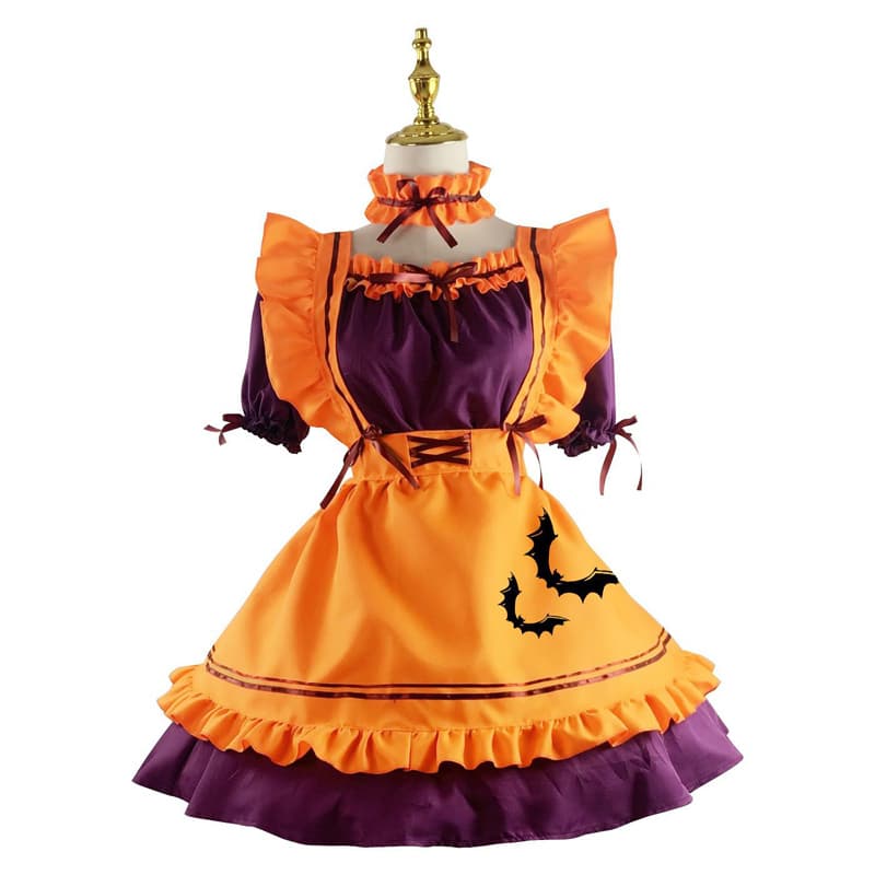 ハロウィン 紫×橙 コウモリ柄メイド服 仮装衣装