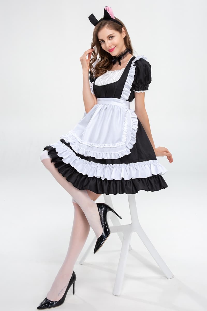 黒白猫耳メイド服 フリル付きコスプレ衣装
