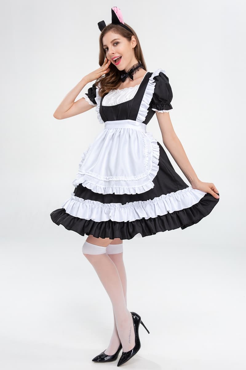 黒白猫耳メイド服 フリル付きコスプレ衣装