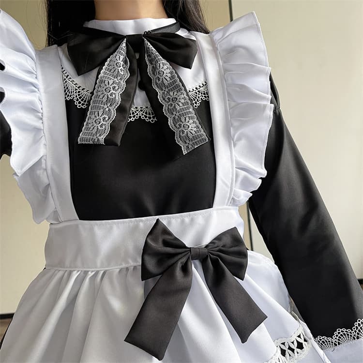 黒長袖メイド服 可愛いコスプレ制服 大きいサイズ対応ワンピース クラシカル