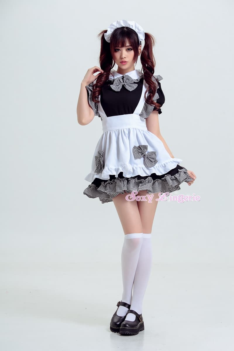 フレンチ チェック柄 メイド服 コスプレ衣装 黒白