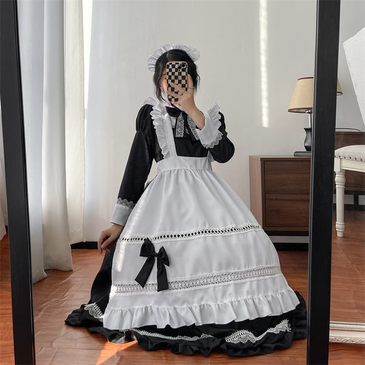黒長袖メイド服 可愛いコスプレ制服 大きいサイズ対応ワンピース クラシカル