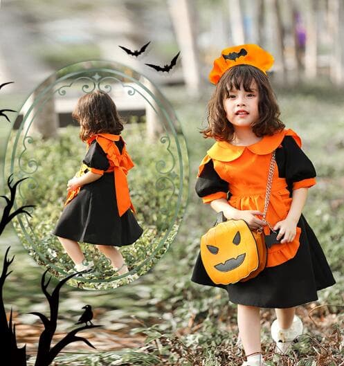 黒とオレンジの蝙蝠メイド服 子供用ハロウィン衣装
