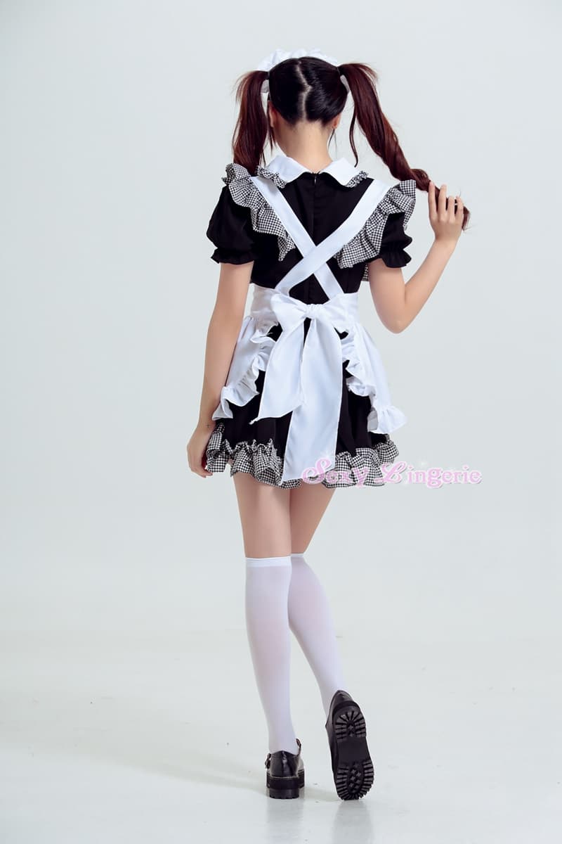フレンチ チェック柄 メイド服 コスプレ衣装 黒白