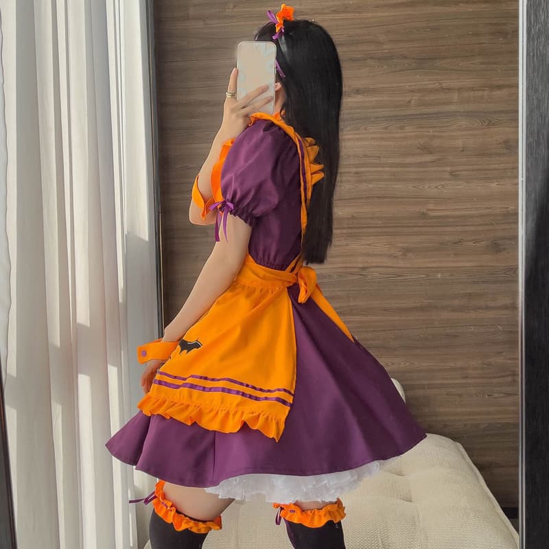 ハロウィン 紫×橙 コウモリ柄メイド服 仮装衣装