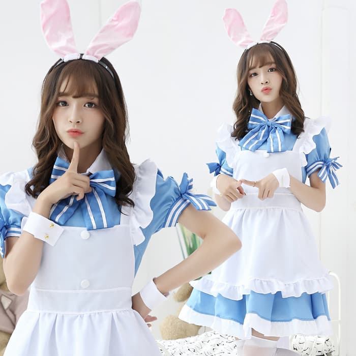 うさ耳付き フレンチメイド服 青白 可愛い変身衣装