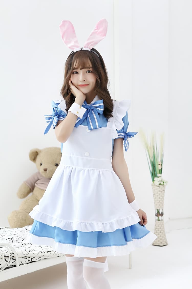 うさ耳付き フレンチメイド服 青白 可愛い変身衣装