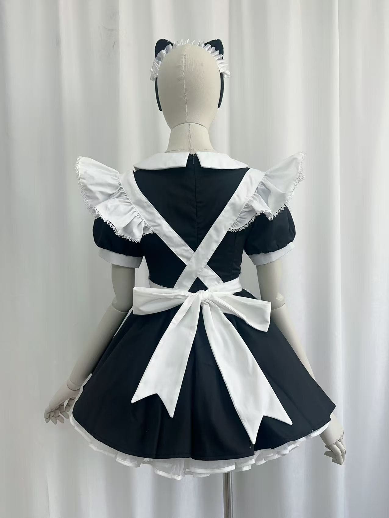 メイド服 丸襟リボン付きハート刺繍前掛けメイド服