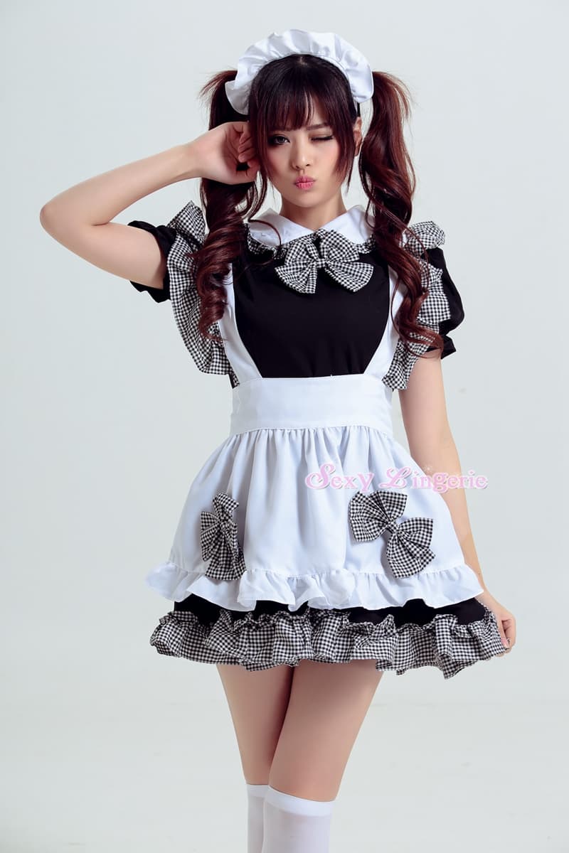 フレンチ チェック柄 メイド服 コスプレ衣装 黒白