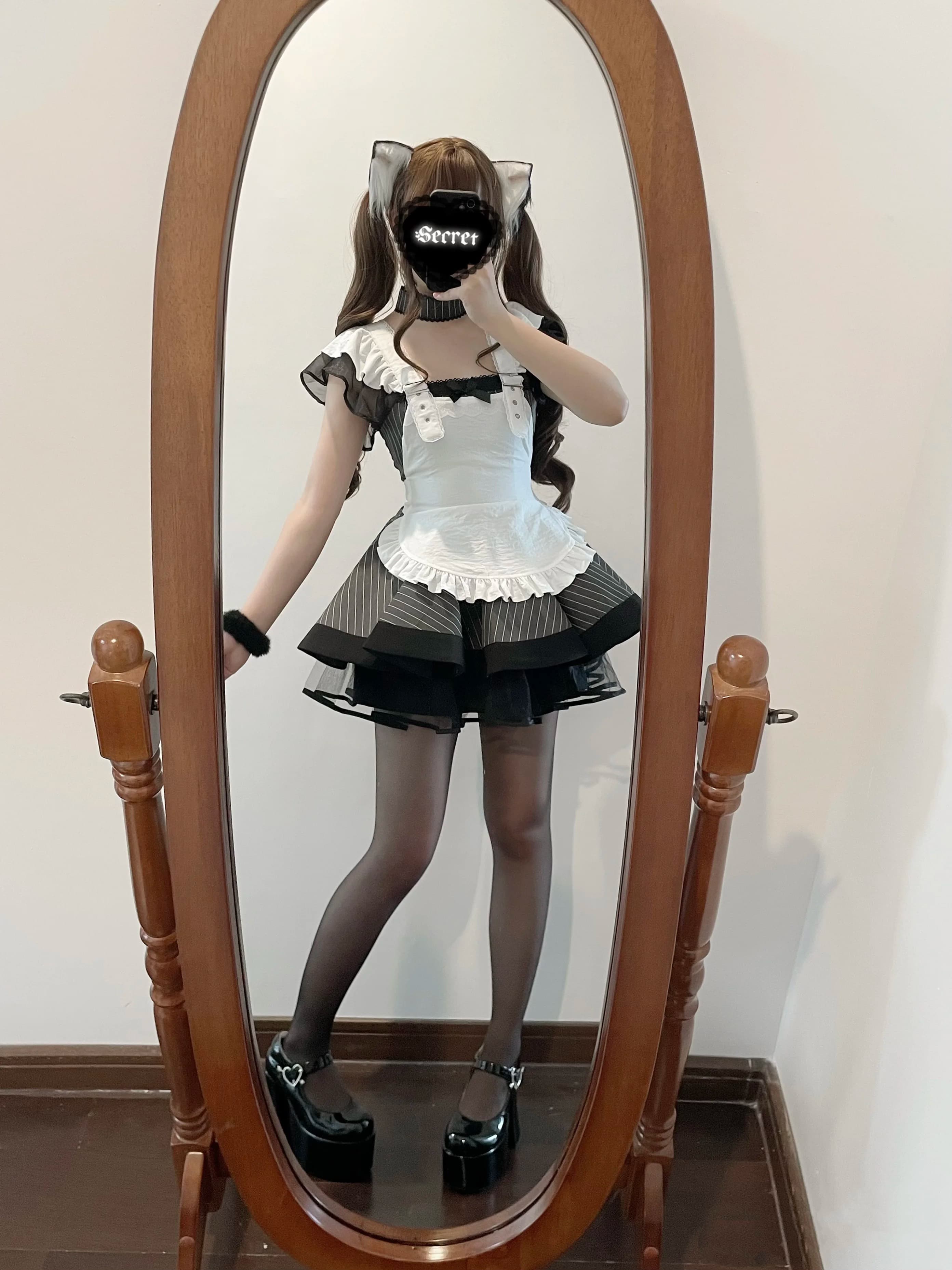 メイド服 ハート飾りベルト付き多層フリル袖メイド服