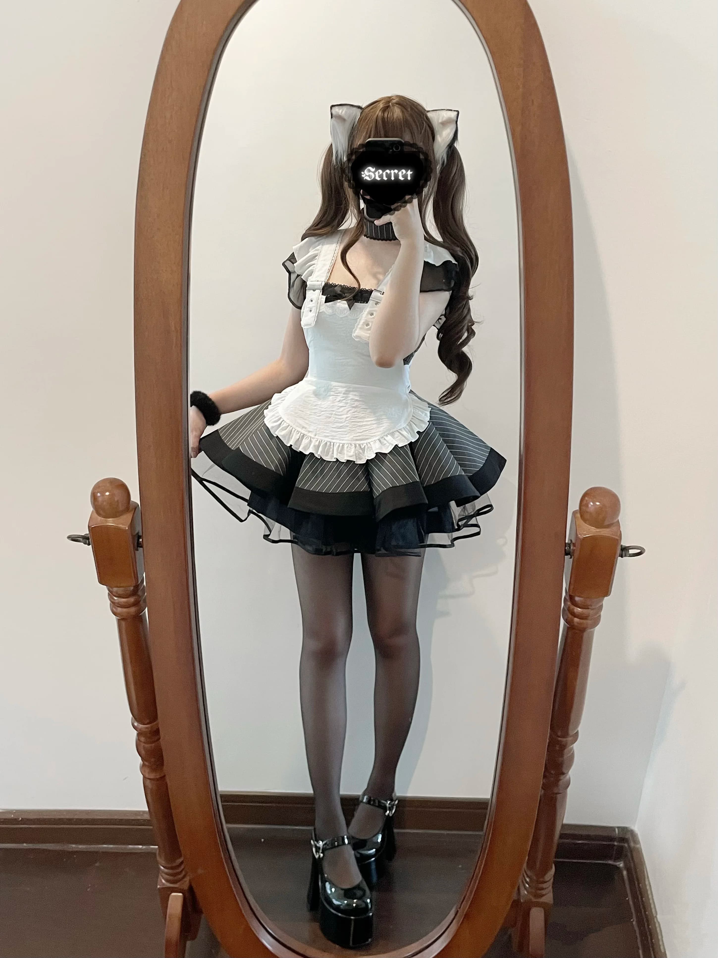 メイド服 ハート飾りベルト付き多層フリル袖メイド服