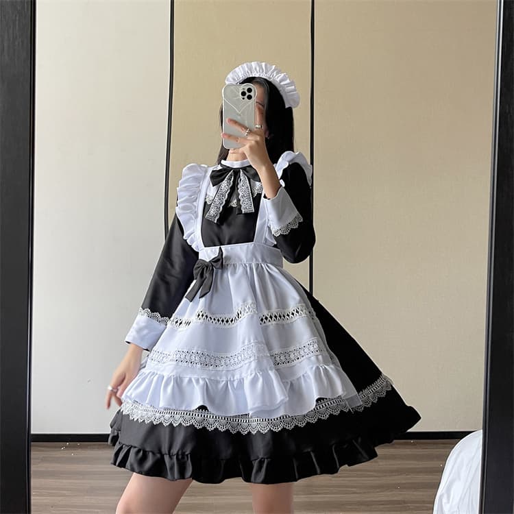 黒長袖メイド服 可愛いコスプレ制服 大きいサイズ対応ワンピース クラシカル