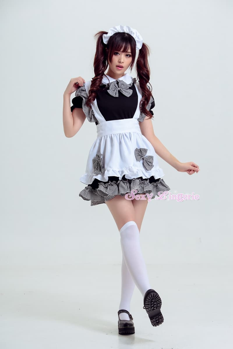 フレンチ チェック柄 メイド服 コスプレ衣装 黒白