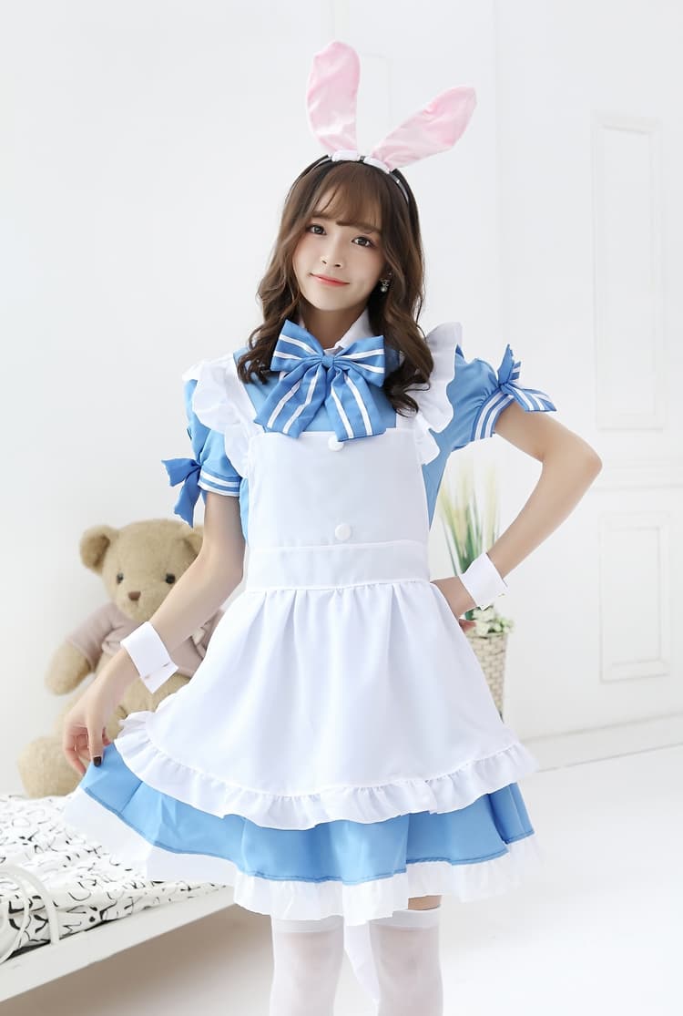 うさ耳付き フレンチメイド服 青白 可愛い変身衣装
