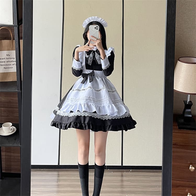 黒長袖メイド服 可愛いコスプレ制服 大きいサイズ対応ワンピース クラシカル