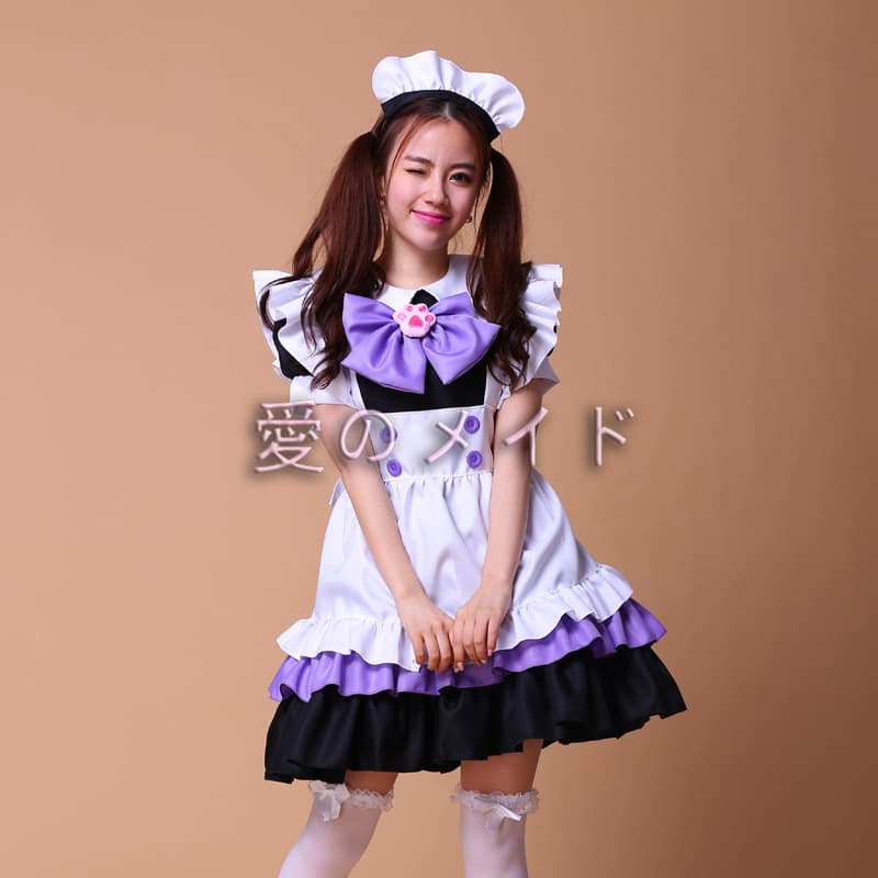 フレンチメイド服コスプレ5点セット紫水色フリル