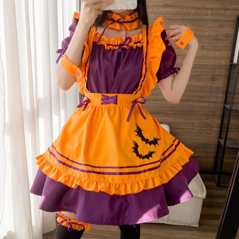ハロウィン 紫×橙 コウモリ柄メイド服 仮装衣装