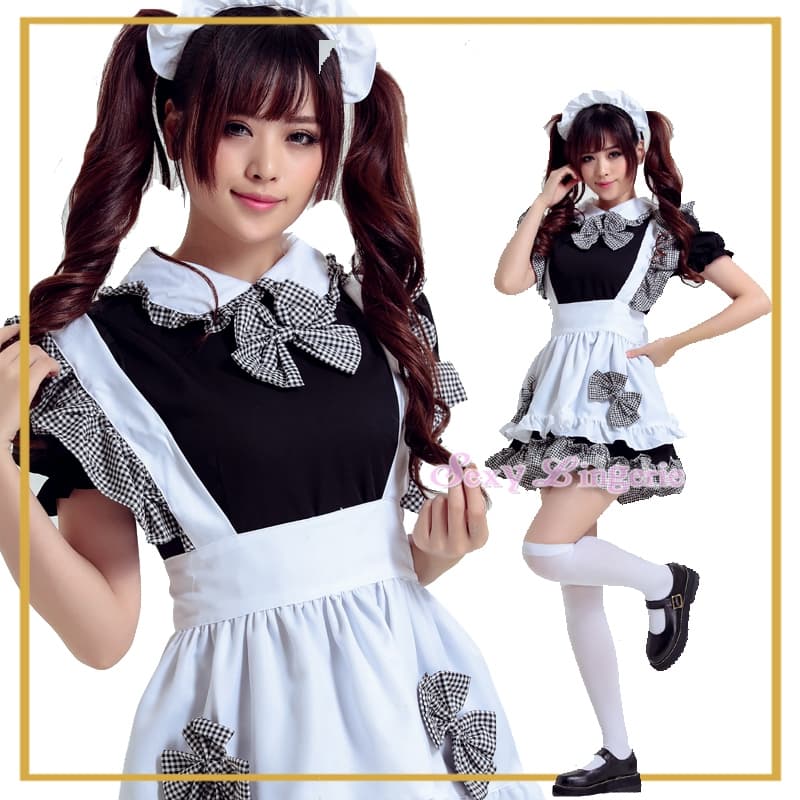 フレンチ チェック柄 メイド服 コスプレ衣装 黒白
